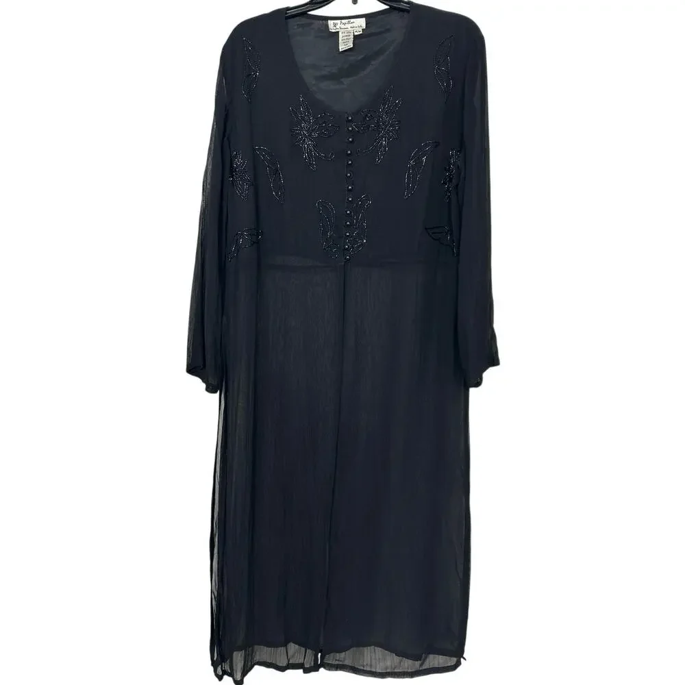 Y2K Sheer Black Beaded Duster Maxi Dress M Whimsigoth Indie Witchy Goth Overlay - Picture 2 of 13